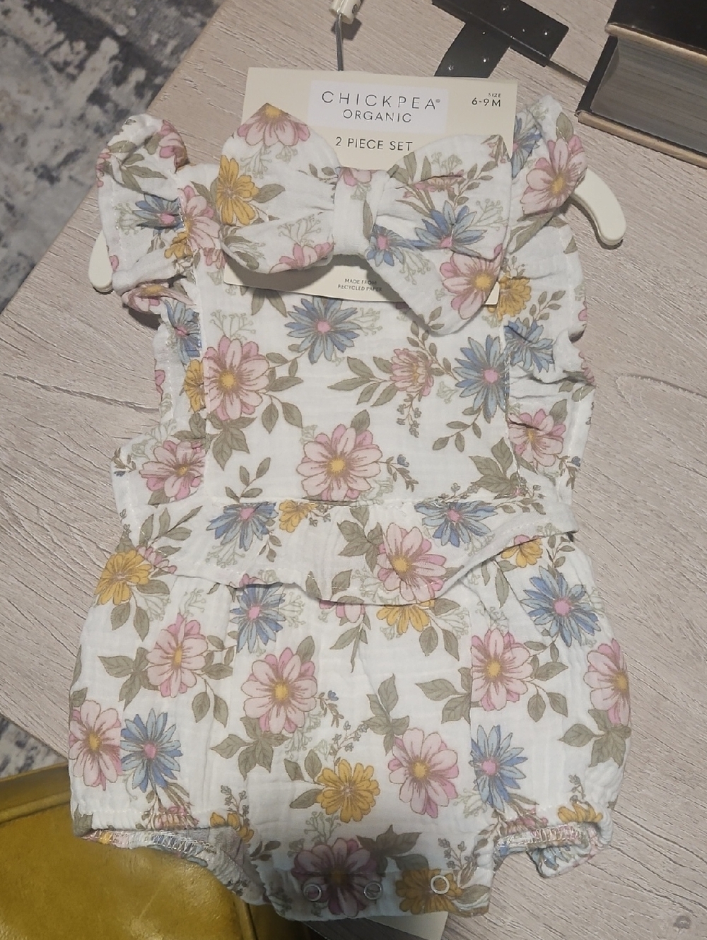 Chickpea Organic Floral Baby Romper - White with Pink, Blue & Yellow Flowers.
